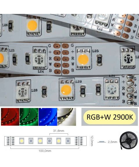 LED Strip 12V IP20 RGBW, 14,4W/m, 5 meter pakke