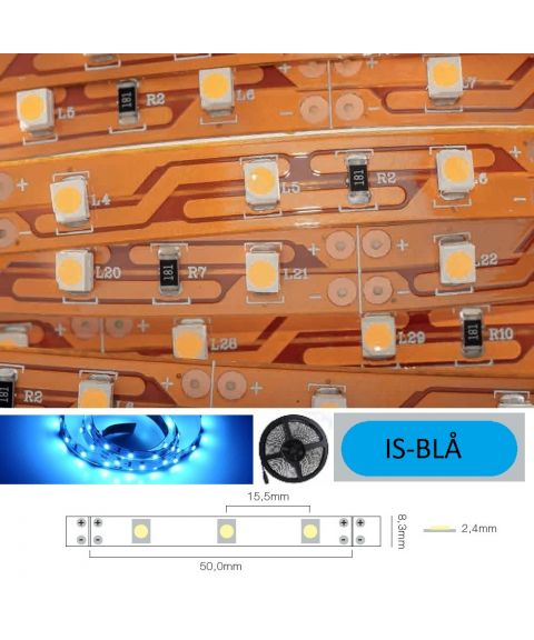 LED Strip 12V IP20 Ice blue 4,8W/m, 5 meter pakke (Begrenset antall)